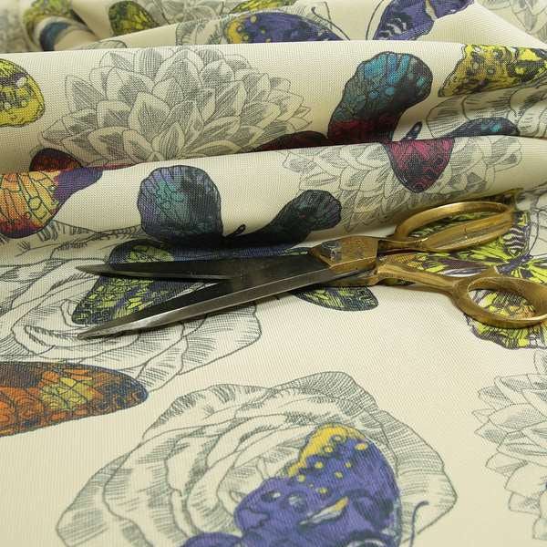 Beth Butterfly Pattern Tropical Yellow Blue Pink Colours Printed Linen Effect Upholstery Fabrics - Roman Blinds