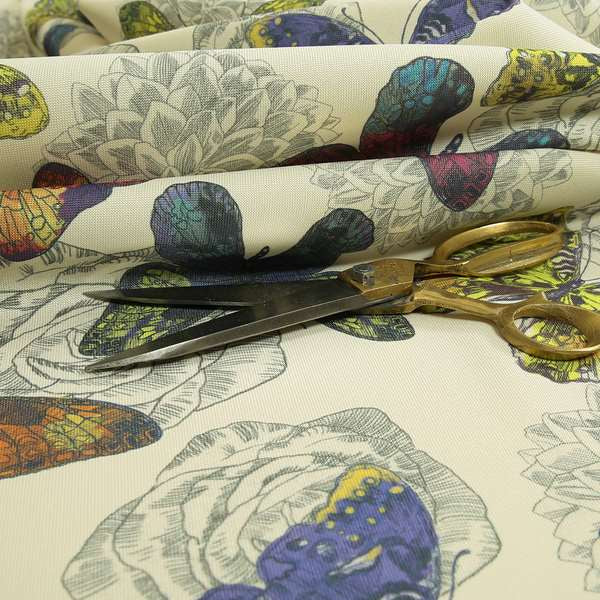 Beth Butterfly Pattern Tropical Yellow Blue Pink Colours Printed Linen Effect Upholstery Fabrics