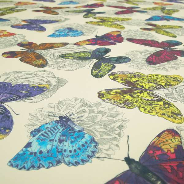 Beth Butterfly Pattern Tropical Yellow Blue Pink Colours Printed Linen Effect Upholstery Fabrics
