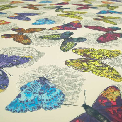 Beth Butterfly Pattern Tropical Yellow Blue Pink Colours Printed Linen Effect Upholstery Fabrics