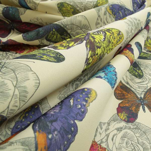 Beth Butterfly Pattern Tropical Yellow Blue Pink Colours Printed Linen Effect Upholstery Fabrics - Roman Blinds