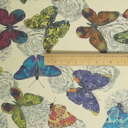 Beth Butterfly Pattern Tropical Yellow Blue Pink Colours Printed Linen Effect Upholstery Fabrics