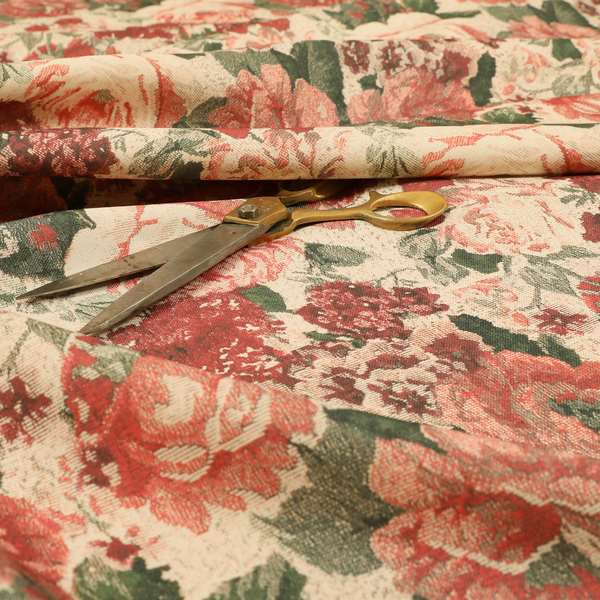 Aliza Floral Pattern Red Colour Printed Chenille Upholstery Fabric