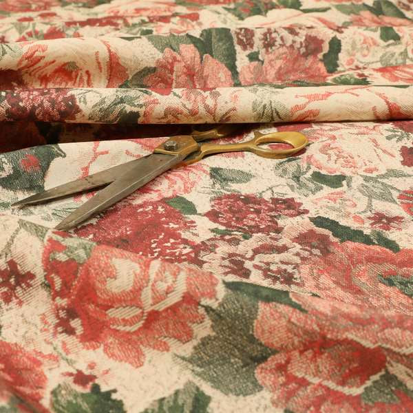 Aliza Floral Pattern Red Colour Printed Chenille Upholstery Fabric - Handmade Cushions