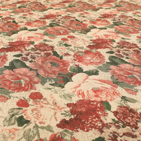 Aliza Floral Pattern Red Colour Printed Chenille Upholstery Fabric