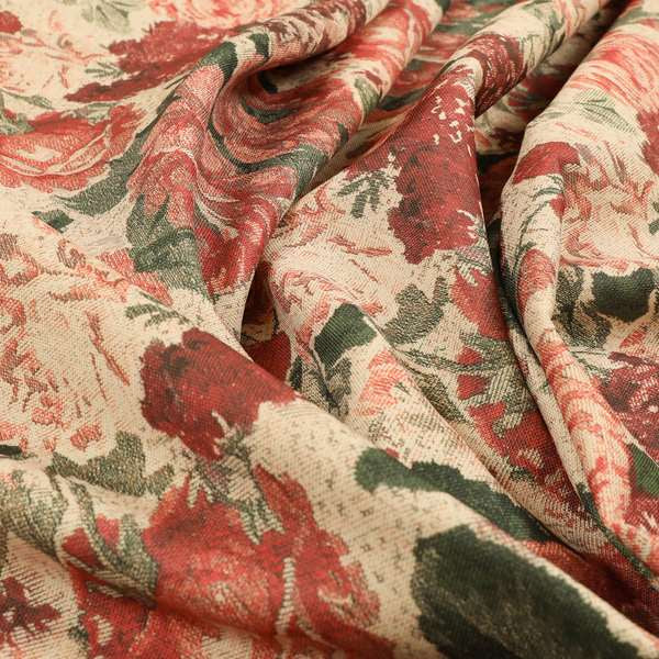 Aliza Floral Pattern Red Colour Printed Chenille Upholstery Fabric - Made To Measure Curtains