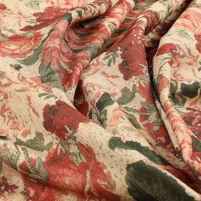 Aliza Floral Pattern Red Colour Printed Chenille Upholstery Fabric