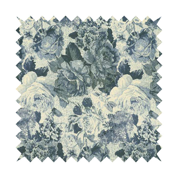 Aliza Floral Pattern Blue Colour Printed Chenille Upholstery Fabric - Made To Measure Curtains