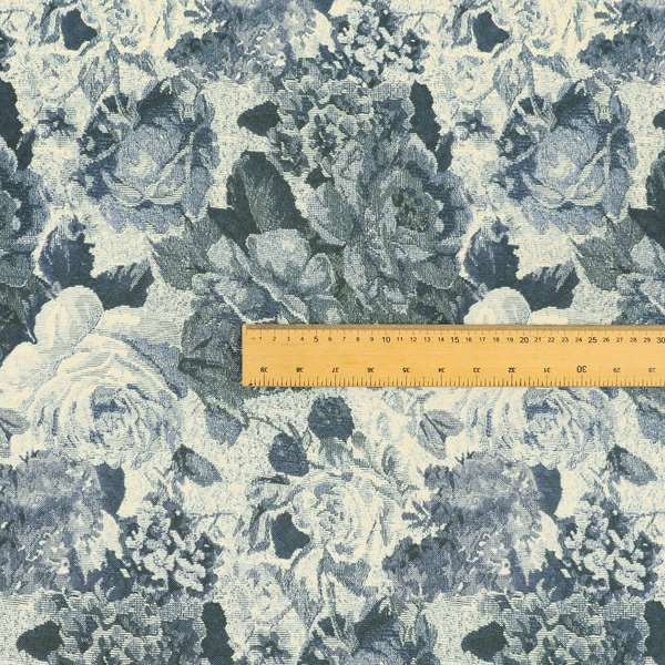 Aliza Floral Pattern Blue Colour Printed Chenille Upholstery Fabric - Made To Measure Curtains