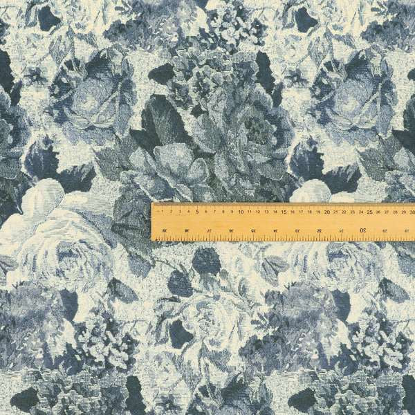 Aliza Floral Pattern Blue Colour Printed Chenille Upholstery Fabric