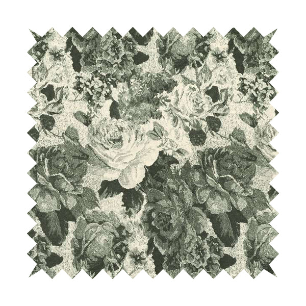 Aliza Floral Pattern Grey Black Colour Printed Chenille Upholstery Fabric - Roman Blinds