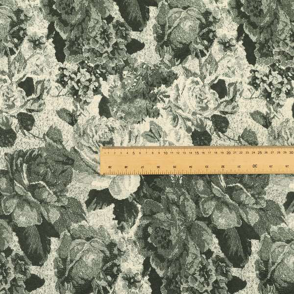 Aliza Floral Pattern Grey Black Colour Printed Chenille Upholstery Fabric