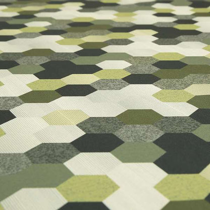 Hannah Geometric Pattern Lime Green Grey White Colour Printed Chenille Upholstery Curtain Fabrics - Roman Blinds