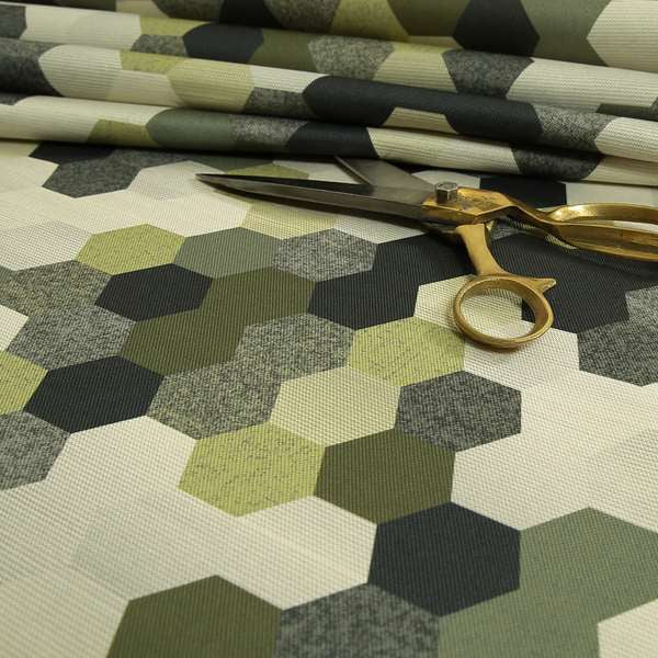 Hannah Geometric Pattern Lime Green Grey White Colour Printed Chenille Upholstery Curtain Fabrics - Roman Blinds