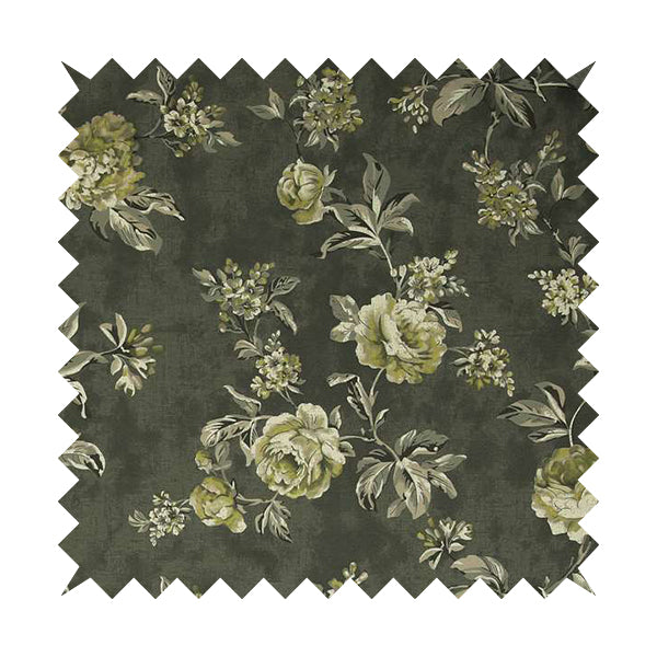 Roxanne Rose Floral Pattern Grey White Colour Printed Chenille Upholstery Curtain Fabrics - Roman Blinds