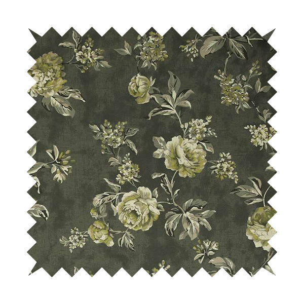 Roxanne Rose Floral Pattern Grey White Colour Printed Chenille Upholstery Curtain Fabrics - Made To Measure Curtains