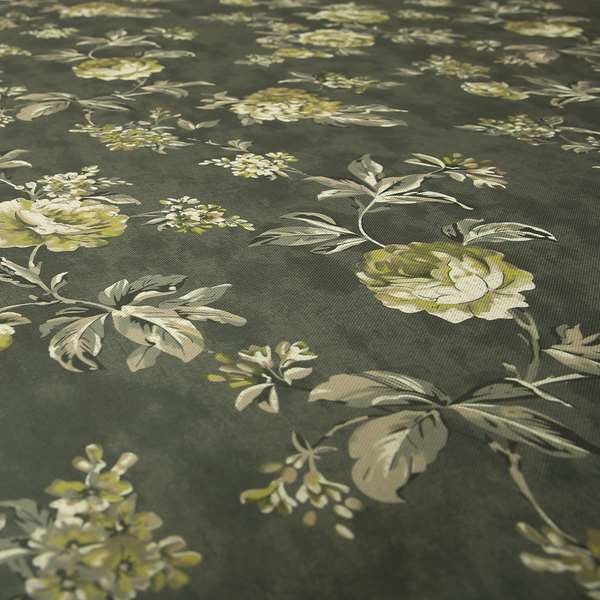 Roxanne Rose Floral Pattern Grey White Colour Printed Chenille Upholstery Curtain Fabrics - Roman Blinds