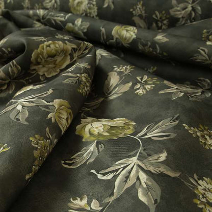 Roxanne Rose Floral Pattern Grey White Colour Printed Chenille Upholstery Curtain Fabrics