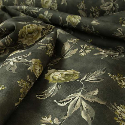 Roxanne Rose Floral Pattern Grey White Colour Printed Chenille Upholstery Curtain Fabrics - Made To Measure Curtains