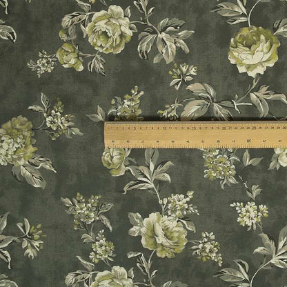 Roxanne Rose Floral Pattern Grey White Colour Printed Chenille Upholstery Curtain Fabrics - Roman Blinds