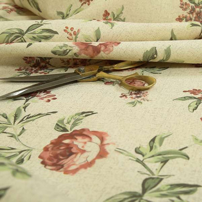 Roxanne Rose Floral Pattern Red Colour Printed Chenille Upholstery Curtain Fabrics - Made To Measure Curtains