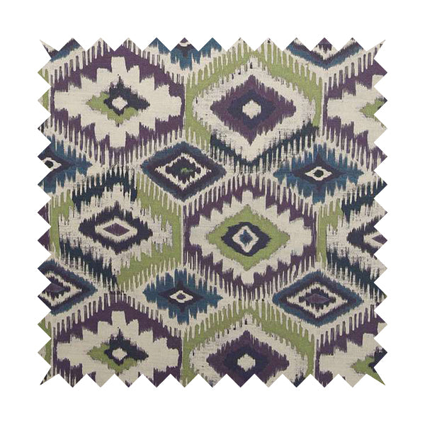 Tracey Geometric Printed Pattern Purple Green Colour Chenille Upholstery Curtain Fabrics - Roman Blinds