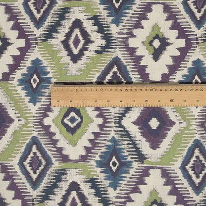 Tracey Geometric Printed Pattern Purple Green Colour Chenille Upholstery Curtain Fabrics - Roman Blinds