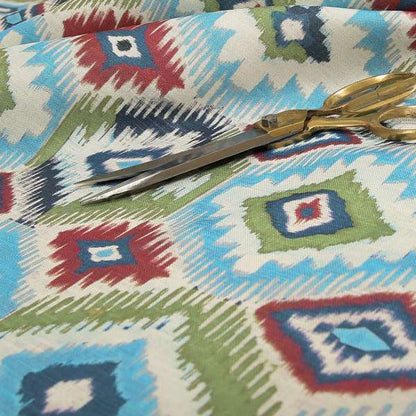 Tracey Geometric Printed Pattern Blue Green Colour Chenille Upholstery Curtain Fabrics