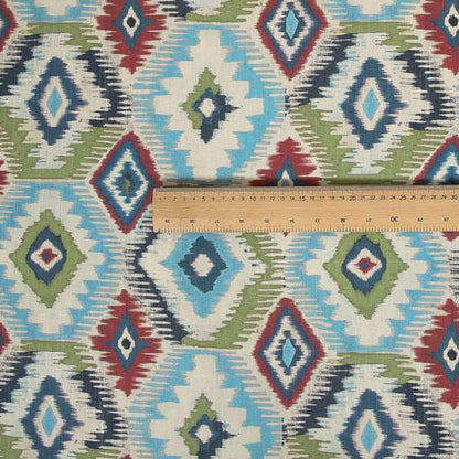 Tracey Geometric Printed Pattern Blue Green Colour Chenille Upholstery Curtain Fabrics - Roman Blinds