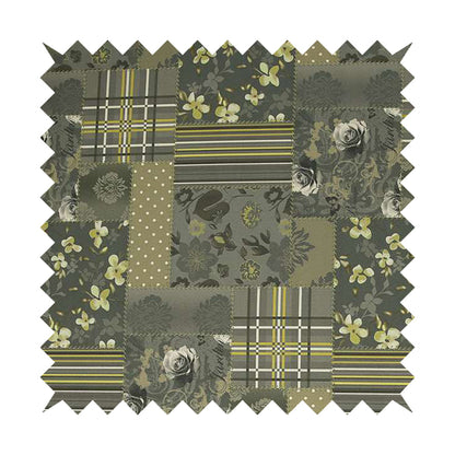 Vanessa Patchwork Pattern Grey Green Colour Chenille Upholstery Curtain Printed Fabric - Roman Blinds