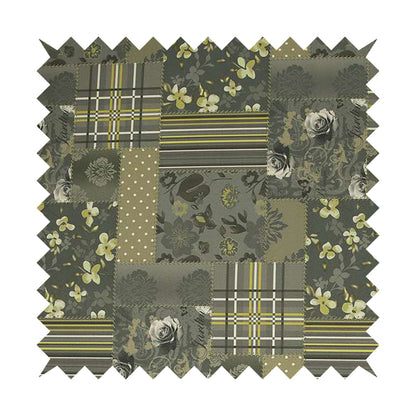 Vanessa Patchwork Pattern Grey Green Colour Chenille Upholstery Curtain Printed Fabric - Made To Measure Curtains