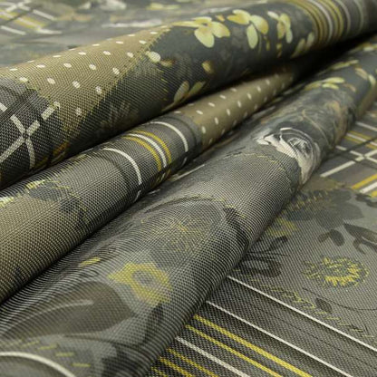 Vanessa Patchwork Pattern Grey Green Colour Chenille Upholstery Curtain Printed Fabric - Roman Blinds