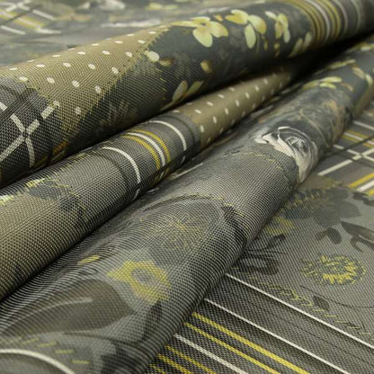 Vanessa Patchwork Pattern Grey Green Colour Chenille Upholstery Curtain Printed Fabric - Made To Measure Curtains