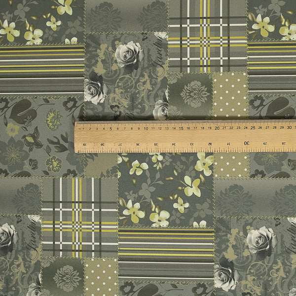 Vanessa Patchwork Pattern Grey Green Colour Chenille Upholstery Curtain Printed Fabric - Made To Measure Curtains