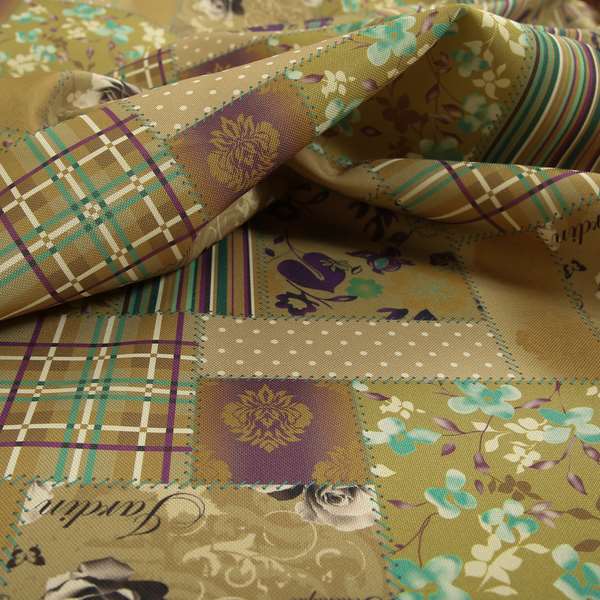 Vanessa Patchwork Pattern Gold Purple Colour Chenille Upholstery Curtain Printed Fabric - Roman Blinds