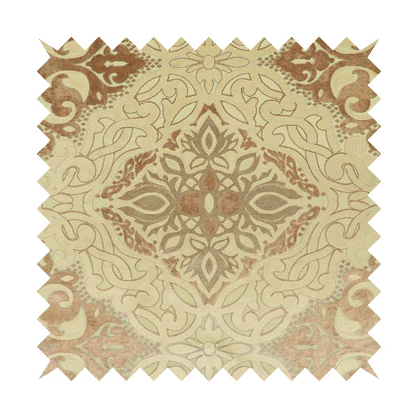 Casablanca Medallion Pattern Velvet Textured Furnishing Fabric In Brown Colour - Made To Measure Curtains