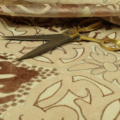 Casablanca Medallion Pattern Velvet Textured Furnishing Fabric In Brown Colour