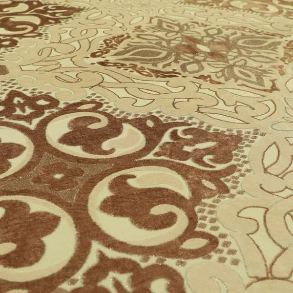 Casablanca Medallion Pattern Velvet Textured Furnishing Fabric In Brown Colour - Roman Blinds