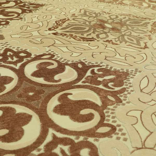 Casablanca Medallion Pattern Velvet Textured Furnishing Fabric In Brown Colour - Made To Measure Curtains