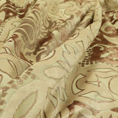 Casablanca Medallion Pattern Velvet Textured Furnishing Fabric In Brown Colour