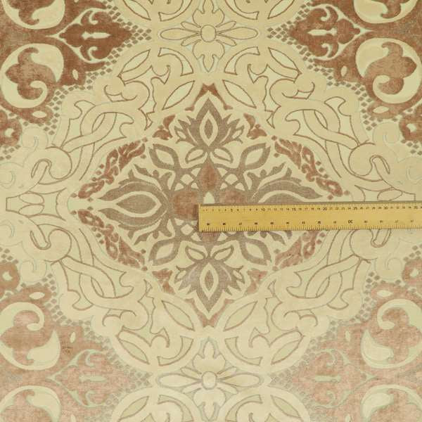 Casablanca Medallion Pattern Velvet Textured Furnishing Fabric In Brown Colour - Made To Measure Curtains