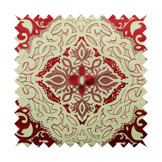 Casablanca Medallion Pattern Velvet Textured Furnishing Fabric In Red Colour