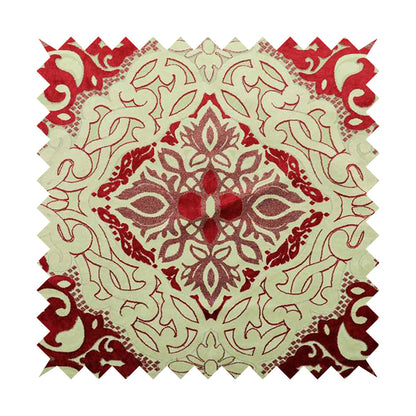 Casablanca Medallion Pattern Velvet Textured Furnishing Fabric In Red Colour - Made To Measure Curtains