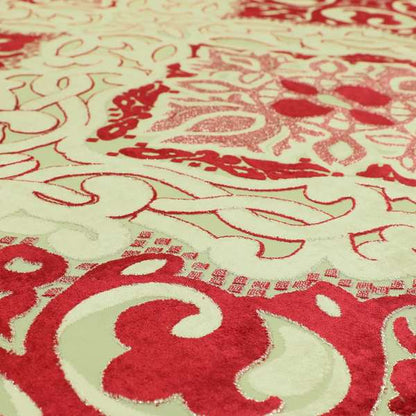 Casablanca Medallion Pattern Velvet Textured Furnishing Fabric In Red Colour - Made To Measure Curtains