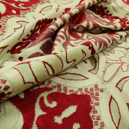 Casablanca Medallion Pattern Velvet Textured Furnishing Fabric In Red Colour - Made To Measure Curtains