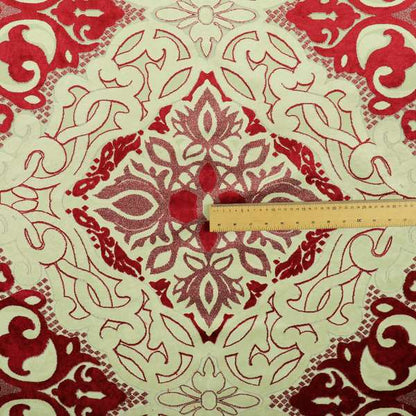 Casablanca Medallion Pattern Velvet Textured Furnishing Fabric In Red Colour - Handmade Cushions
