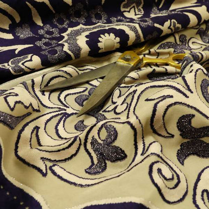 Casablanca Medallion Pattern Velvet Textured Furnishing Fabric In Purple Colour