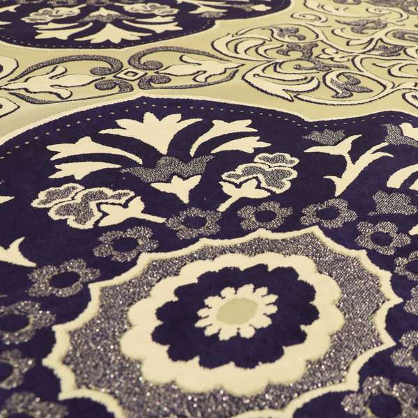 Casablanca Medallion Pattern Velvet Textured Furnishing Fabric In Purple Colour