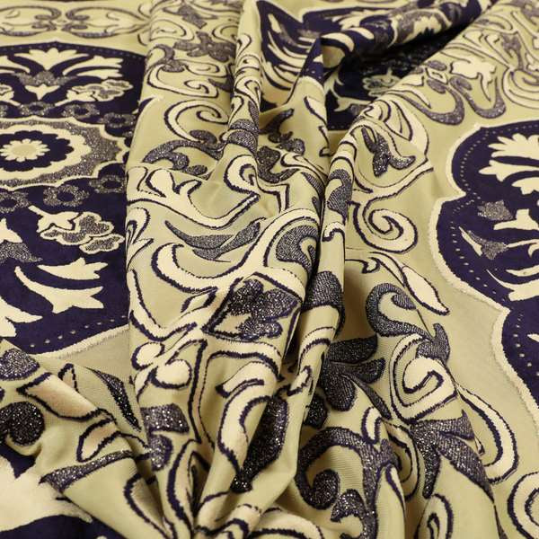 Casablanca Medallion Pattern Velvet Textured Furnishing Fabric In Purple Colour - Made To Measure Curtains