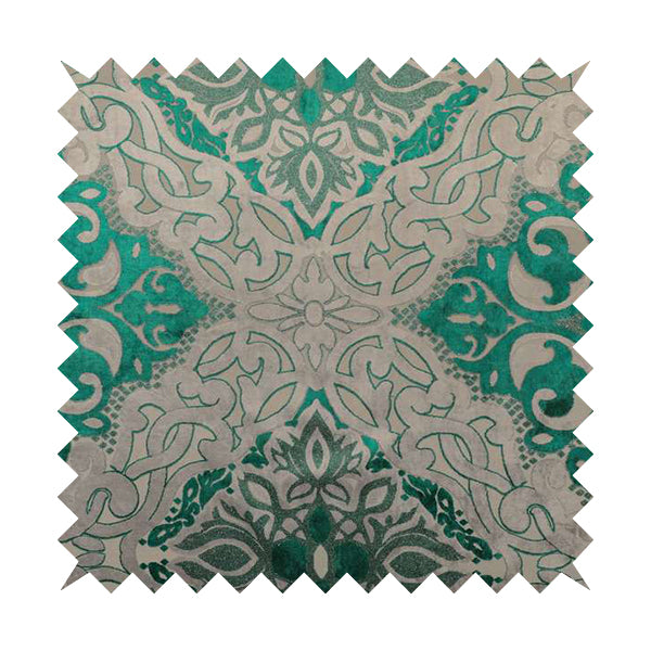 Casablanca Medallion Pattern Velvet Textured Furnishing Fabric In Teal Colour - Made To Measure Curtains